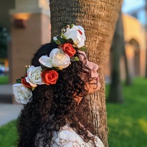 Ivory and orange flower crown with gold beads